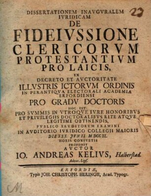 Dissertationem inauguralem iuridicam de fideiussione clericorum protestantium pro laicis