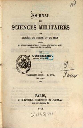 Journal des sciences militaires des armées de terre et de la mer. 17 = A. 20. 1844