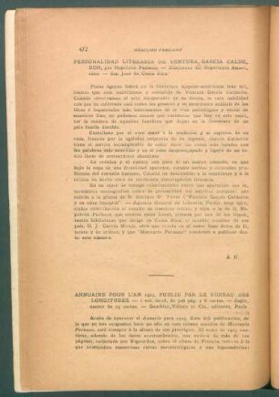 "Personalidad literaria de Ventura García Calderón", por Napoleón Pacheco, Biblioteca del Repertorio Americano, San José de Costa Rica