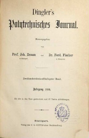 Dingler's polytechnisches Journal. 253. 1884 = 6. Reihe Bd. 3