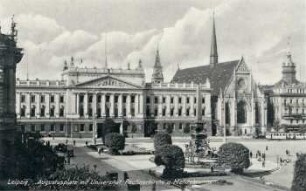 Leipzig: Augustusplatz mit Universität, Paulinerkirche u. Mendebrunnen