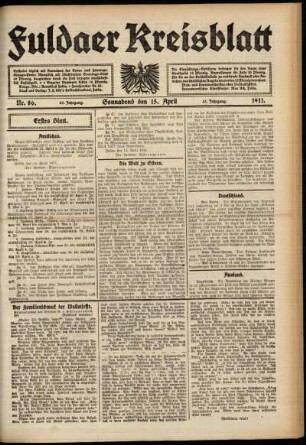 Erste Ausgabe vom Samstag, den 15. April 1911.