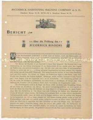 Prüfungsbericht über die Prüfung eines Garbenbinders der Firma Mc. Cormick