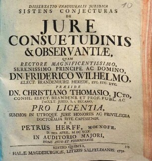 Dissertatio Inauguralis Juridica Sistens Conjecturas De Jure Consuetudinis & Observantiæ