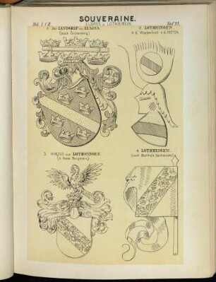 Taf. 23. 1. Der Landgraf von Elsass. (nach Grünenberg.) - 2. Lothringen. n.d. Wappenbuch v.d. Ersten. - 3. Herzog von Lothringen. (n. Hans Burgmair.) - 4. Lothringen. (nach Botho's Sachsenchr.)