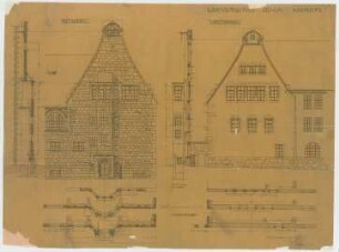 Fischer, Theodor; Jena; Universität - Nordflügel Ost - u. Westgiebel (Grundrisse, Ansichten, Schnitte)