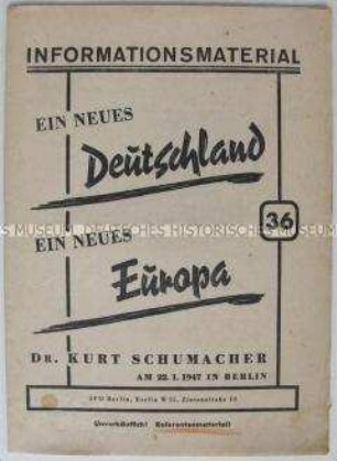 Broschüre mit dem Wortlaut einer Rede von Kurt Schumacher am 22. Januar 1947 in Berlin