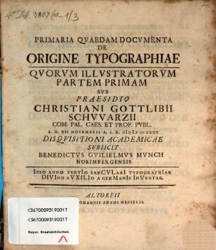 Primaria Qvaedam Docvmenta De Origine Typographiae, 1