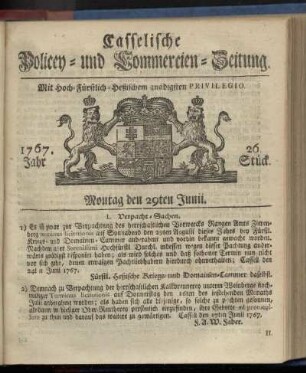 26. Stueck, Montag den 29ten Junii 1767