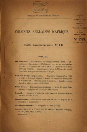 Annales du commerce extérieur. Colonies anglaises d'Afrique. Faits commerciaux. 16/18. 1867/73