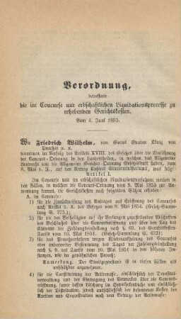 Verordnung, betreffend die im Concurse und erbschaftlichen Liquidationsprocesse zu erhebenden Gerichtskosten
