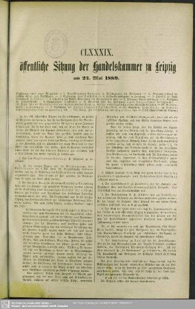 CLXXXIX. öffentliche Sitzung der Handelskammer zu Leipzig am 24. Mai 1889