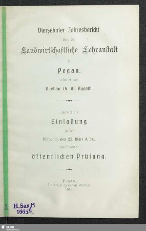 14.1910: Jahresbericht über die Landwirtschaftliche Lehranstalt in Pegau