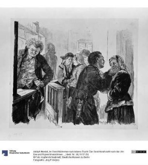 Im Gerichtszimmer nach Adams Flucht. Der Gerichtsrat sieht nach der Uhr. Eve und Ruprecht versöhnen sich, zu Heinrich von Kleist "Der Zerbrochene Krug"