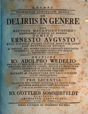 Dissertatio inavgvralis medica de deliriis in genere