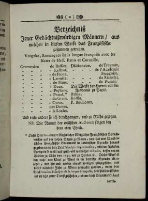Verzeichniß Jener Gedächtnißwürdigen Männern / aus welchen in diesem Werke das Französische zusammen getragen.