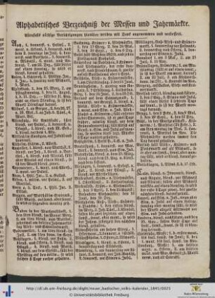 Alphabetisches Verzeichniß der Messen und Jahrmärkte.