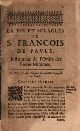 Vie et miracles de S. Francois de Paule