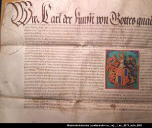 Kaiser Karl V. verleiht dem Anton Langenberg aus Lübeck ein Wappen Ausstellungsort: Brüssel Anhängendes Siegel erhalten; Unterschrift