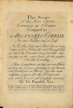The score of the four operas, containing 48 sonatas : for two violins and a bass ; vol. I