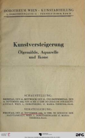Kunstversteigerung, Ölgemälde, Aquarelle und Ikone : Versteigerung 15. September 1944