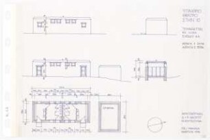 Theater, Ios: Toilettengebäude: Ansichten, Schnitt, Grundriss 1:100