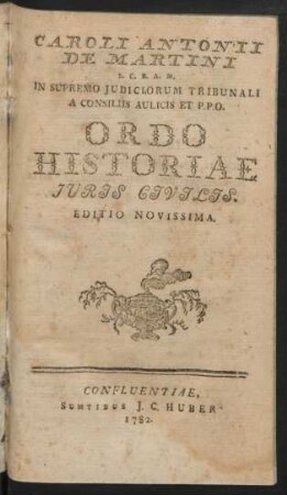 Caroli Antonii De Martini S. C. R. A. M. In Supremo Iudiciorum Tribunali A Consiliis Aulicis Et P.P.O. Ordo Historiae Iuris Civilis
