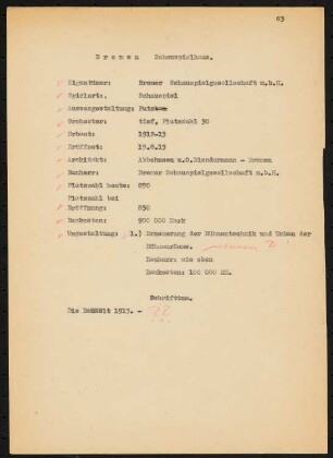 Schauspielhaus, Bremen: Schriftstück zum Fragebogen für das Handbuch »Das Deutsche Theater«, eine Seite