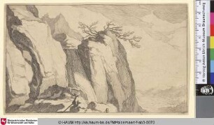 [Mountainous Landscape; Berglandschaft mit Wasserfall, im Vordergrund ein rastender Mann]