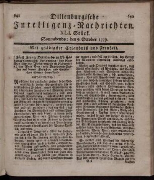 XLI. Stück. Sonnabends: den 9. October 1779.