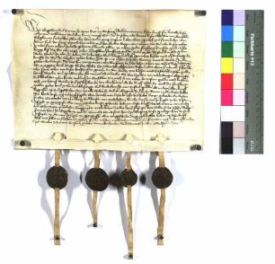 Engelhard von Weinsberg und Konrad, sein Sohn, kommen überein mit ihrem Oheim, Friedrich von Limpurg, wegen seines mütterlichen Erbes und Heimsteuer wegen, dass sie ihm 50 rh. fl. jährlich zahlen bis zur Ablösung mit 1000 fl.