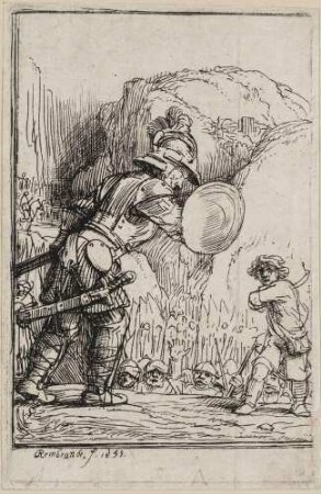 Vier Darstellungen zu einem spanischen Buch, David und Goliath