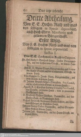 Dritte Abtheilung. Von E.E. Hochw. rath und was von selbigem in Specie dependiret, auch Hoch-Ehrw. Ministerio und gesamten Bürgerschaft