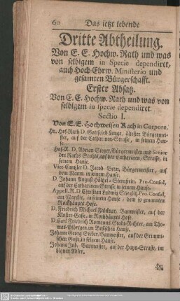 Dritte Abtheilung. Von E.E. Hochw. rath und was von selbigem in Specie dependiret, auch Hoch-Ehrw. Ministerio und gesamten Bürgerschaft