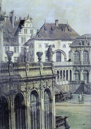 Der Zwingerhof in Dresden : Canaletto (1721-1780). Der Zwingerhof in Dresden. Öl/Leinwand, 134 x 237 cm, zwischen 1749 und 1753. Ausschnitt: Provisorischer Abschluss der Nordseite, Komödienhaus am Taschenberg und SW-Giebel des Residenzschlosses. Dresden, Gemäldegalerie Alte Meister 629