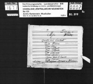 Peter Winter: Del Sig: v. / Winter / Missa / à / Quatro Voci Cantanti / Due Violini / Due Oboe / Due Flauti / Due Fagotti / Due Clarinetti / Due Corni / Cornu tertio & Quarto / Due Clarini / Timpani, Organo o Violone / e-moll; Ms.ca. 1815.