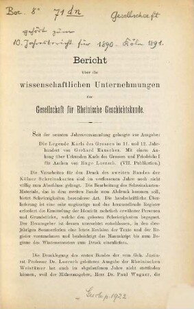 Jahresbericht der Gesellschaft für Rheinische Geschichtskunde : über das Jahr ... 10. 1891