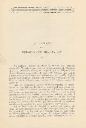 El mensaje del Presidente Mc-Kinley