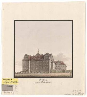 Ansicht von Schloss Pretzsch gegen Mitternacht, Handzeichnung, 1792 : Schönheit, Carl Simon : Pretsch, gegen Mitternacht / [Schönheit fec.]. - [S.l.] , [1792]. - 1 Kunstbl. : kolor. Handzeichng. ; 17 x 17 cm