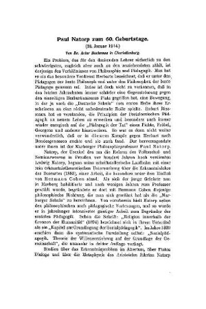 Paul Natorp zum 60. Geburtstage (24. Januar 1914)