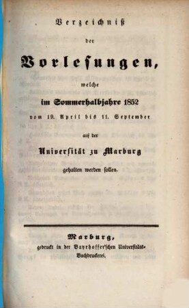 Verzeichnis der Vorlesungen. 1852, 1852. SH.