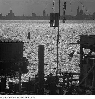 Stralsund. Hafen, Blick vom Strelasund gegen Altstadtsilhouette