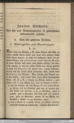 Zweiter Abschnitt. Von den vier Rechnungsarten in gebrochenen unbenannten Zahlen