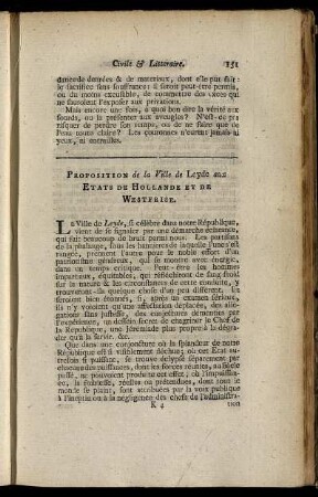Proposition de la Ville de Leyde aux Etats De Hollande Et De Westfrise