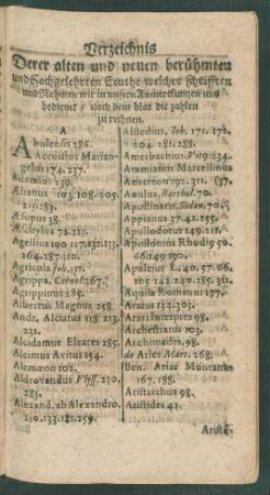 Verzeichnis Derer alten und neuen berühmten und Hochgelehrten Leuthe/ welcher schrifften und Nahmen wir in unsern Anmerckungen uns bedienet/ ...