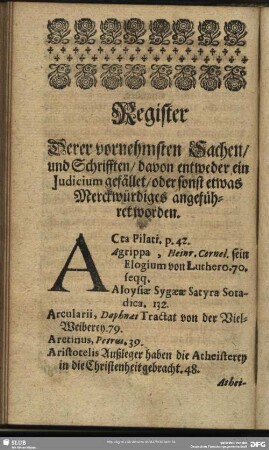 Register Derer vornehmsten Sachen, und Schrifften, davon entweder ein Judicium gefället, oder sonst etwas Merckwürdiges angeführet worden