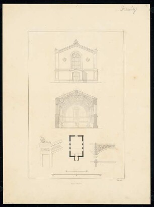 Reitbahn Monatskonkurrenz August 1833: Grundriss Erdgeschoss, Aufriss Eingangsseite (Schmalseite), Querschnitt, Details (Dachträger, Akroter); 2 Maßstabsleisten