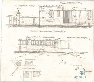 Fischer, Theodor; Nürnberg; Haus Adelsberger - Einfriedung der Nachbar - Villen (Lageplan,Ansichten)