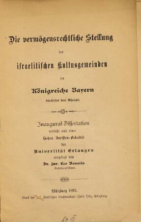 Die vermögensrechtliche Stellung der israelitischen Kultusgemeinden im Königreiche Bayern diesseits des Rheins