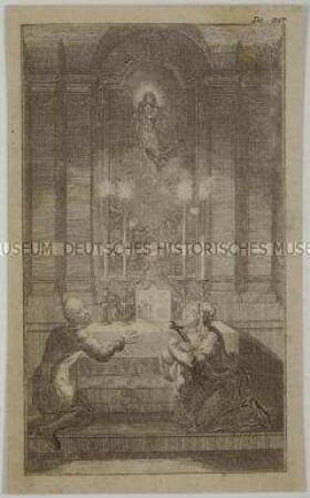 Mann und Frau kniend vor dem Altar - Titelkupfer zum sechsten Band von Veit Webers "Sagen der Vorzeit"
